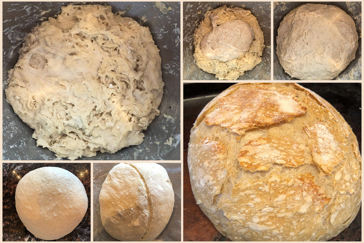 different stages of bread baking from dough, kneading, proofing, scoring, and baking