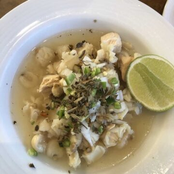 chicken pozole with oregano, onion, and lime