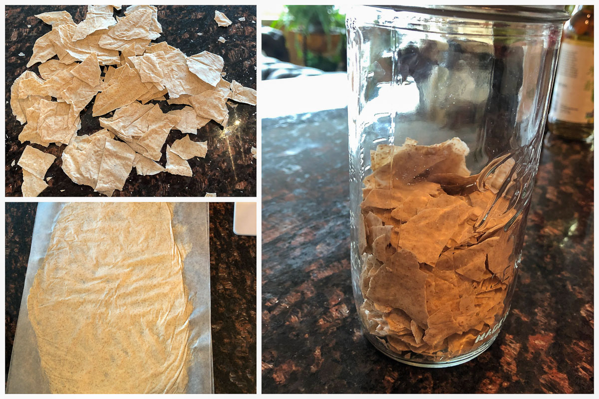 sourdough starter drying on parchment paper, dried starter chips stored in a glass airtight jar